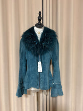 Vintage peacock blue genuine fur and leather coat