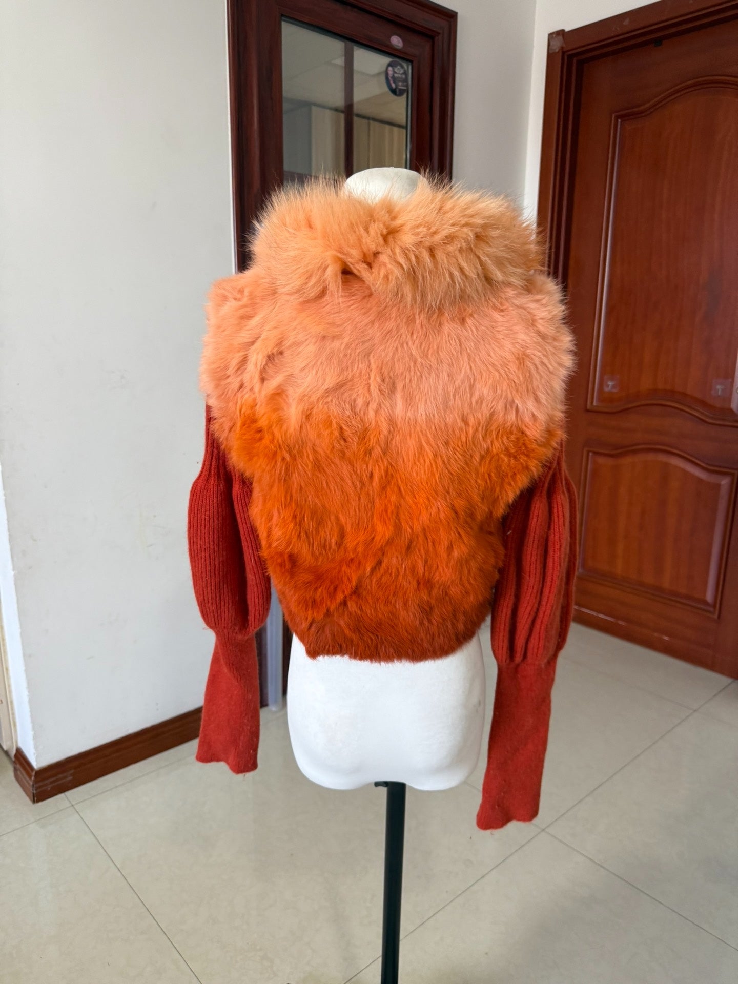 Vintage orange knit jacket with fox fur collar