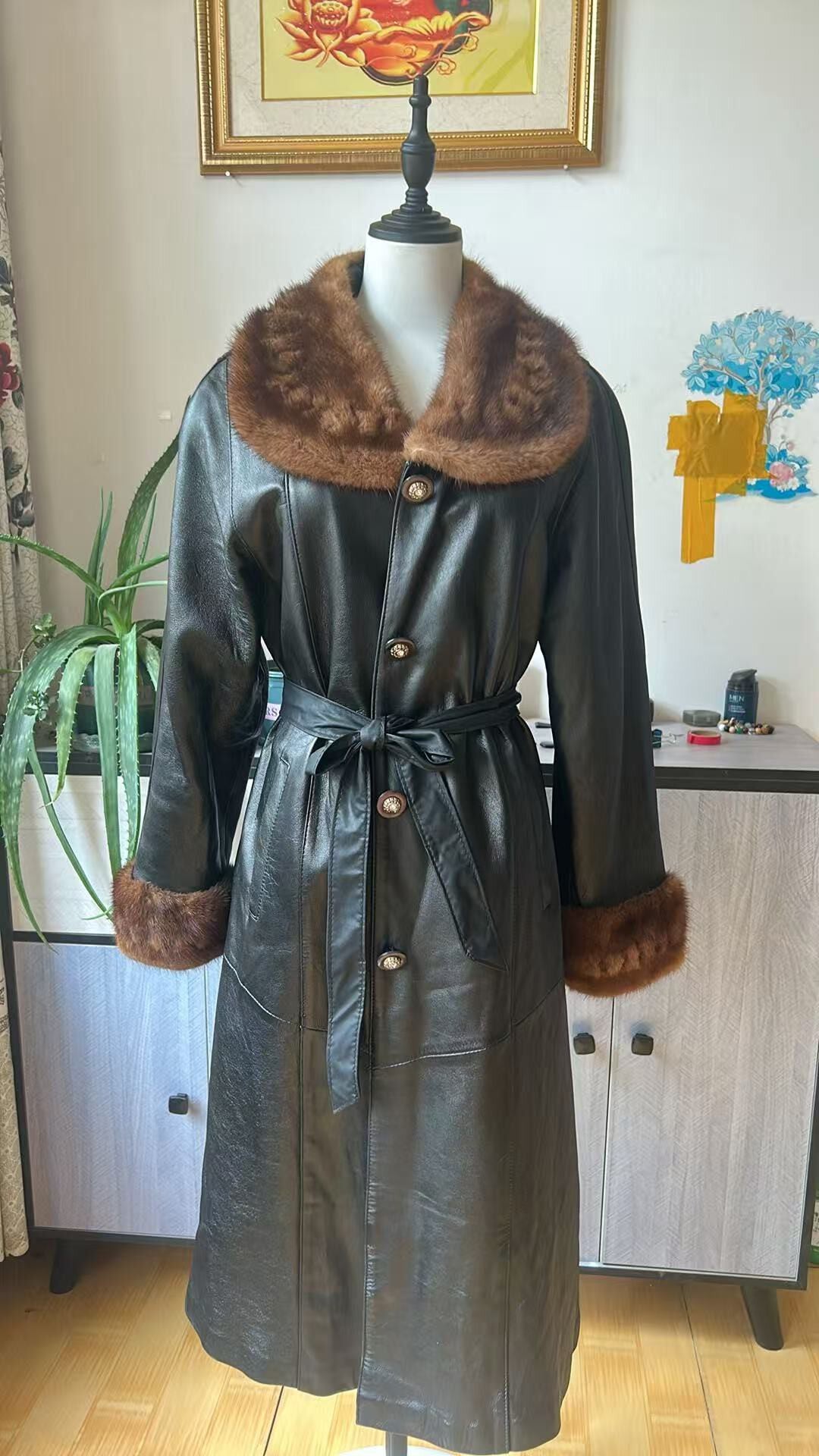 Vintage genuine leather long coat