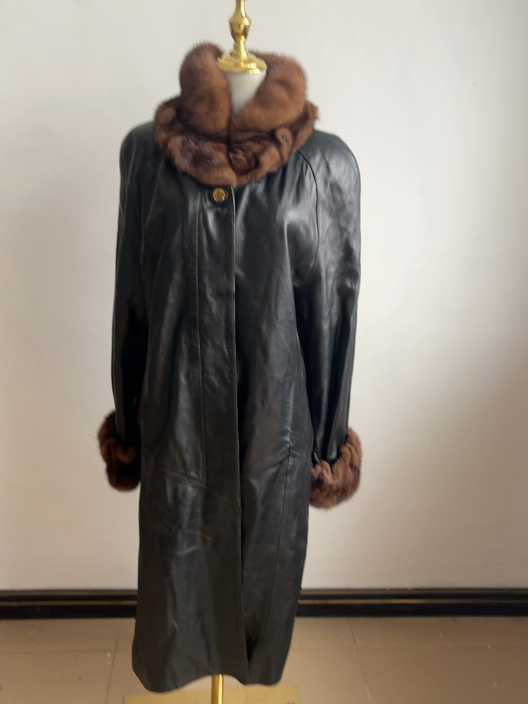 Vintage black genuine leather long coat