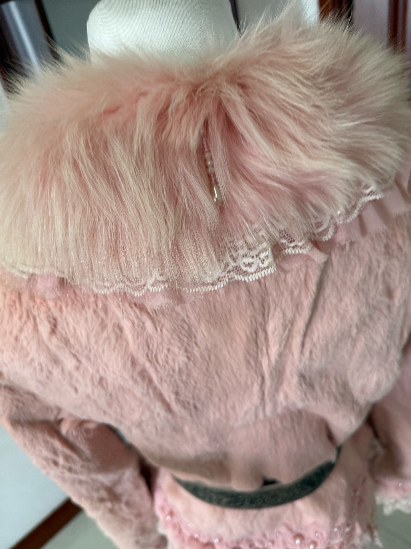 Vintage pink rabbit fur coat with fox fur collar