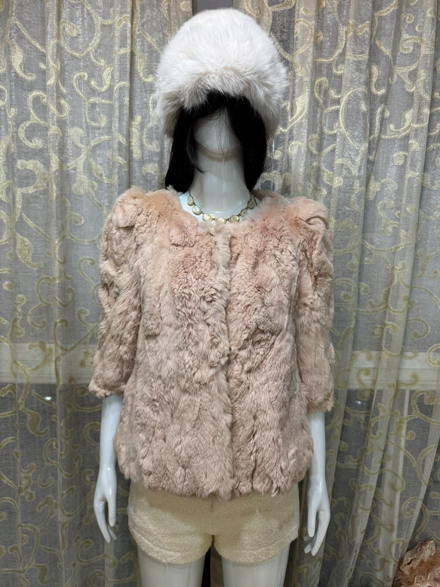 Vintage light pink genuine fur coat