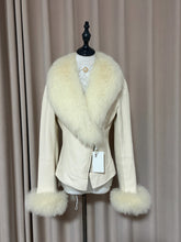 Vintage off-white leather jacket with a real fur collar