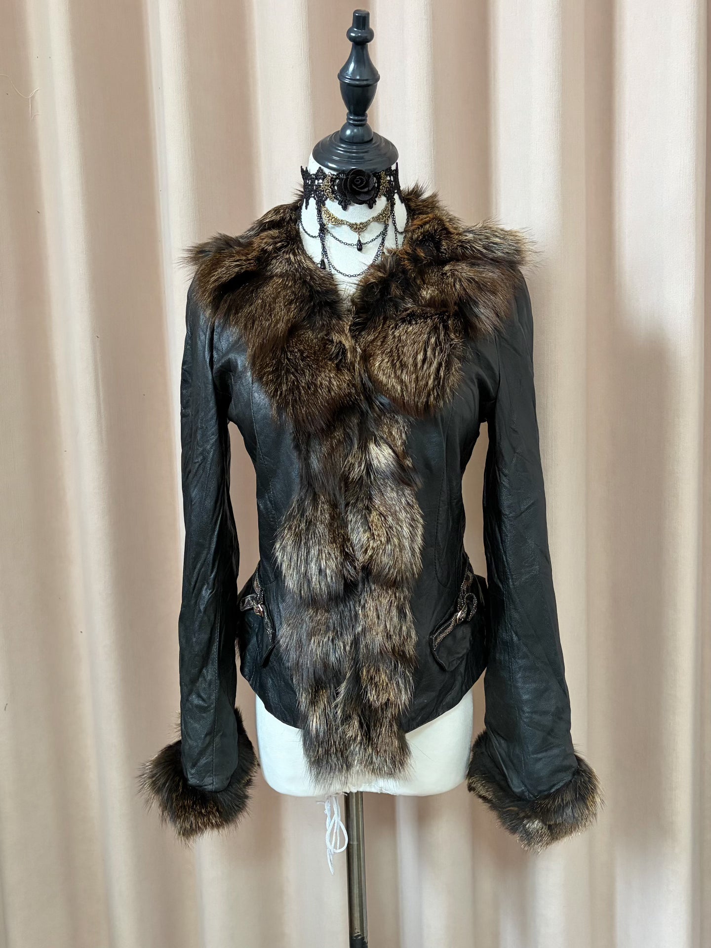 Vintage black genuine leather and real fur coat