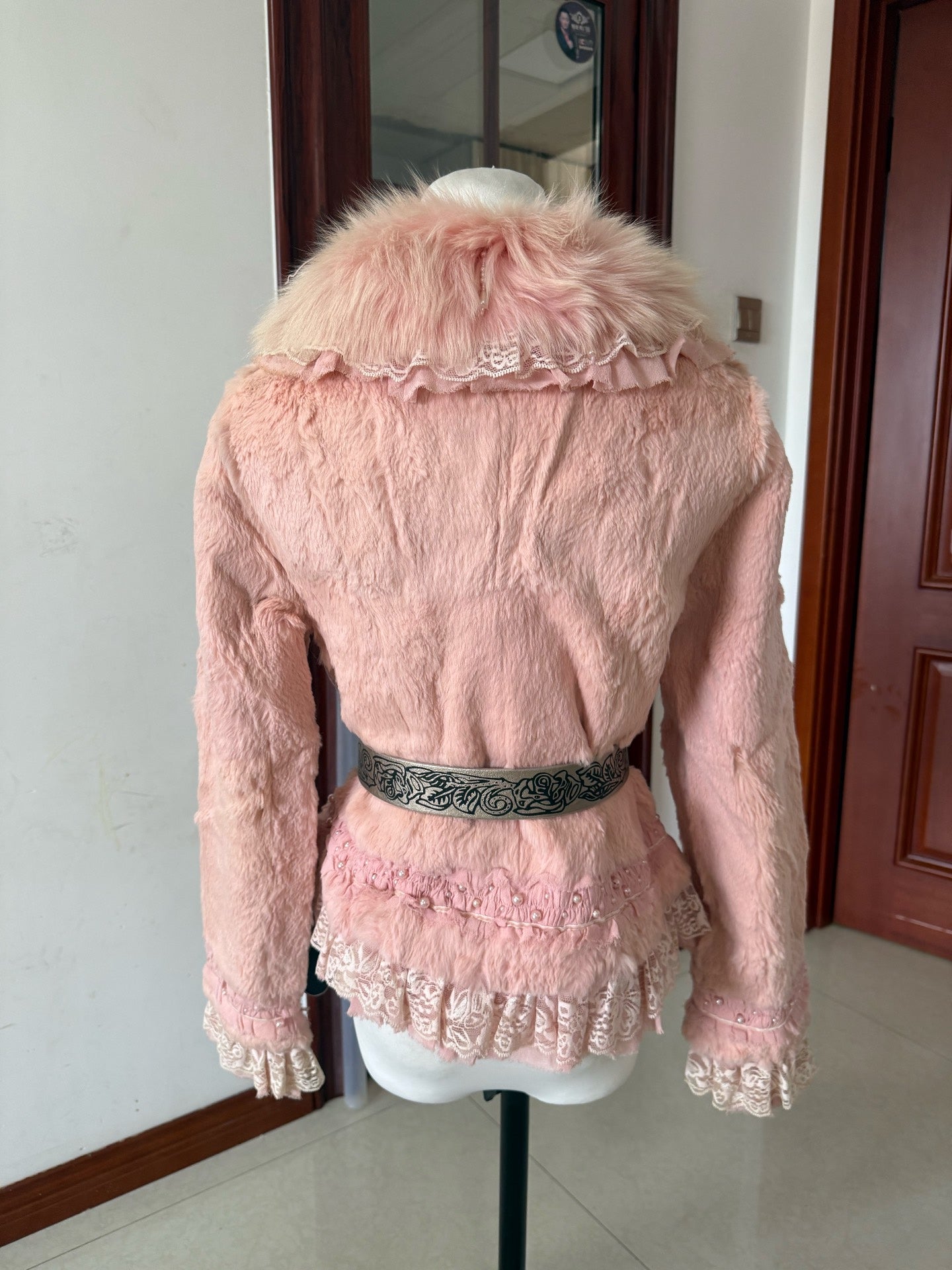 Vintage pink rabbit fur coat with fox fur collar