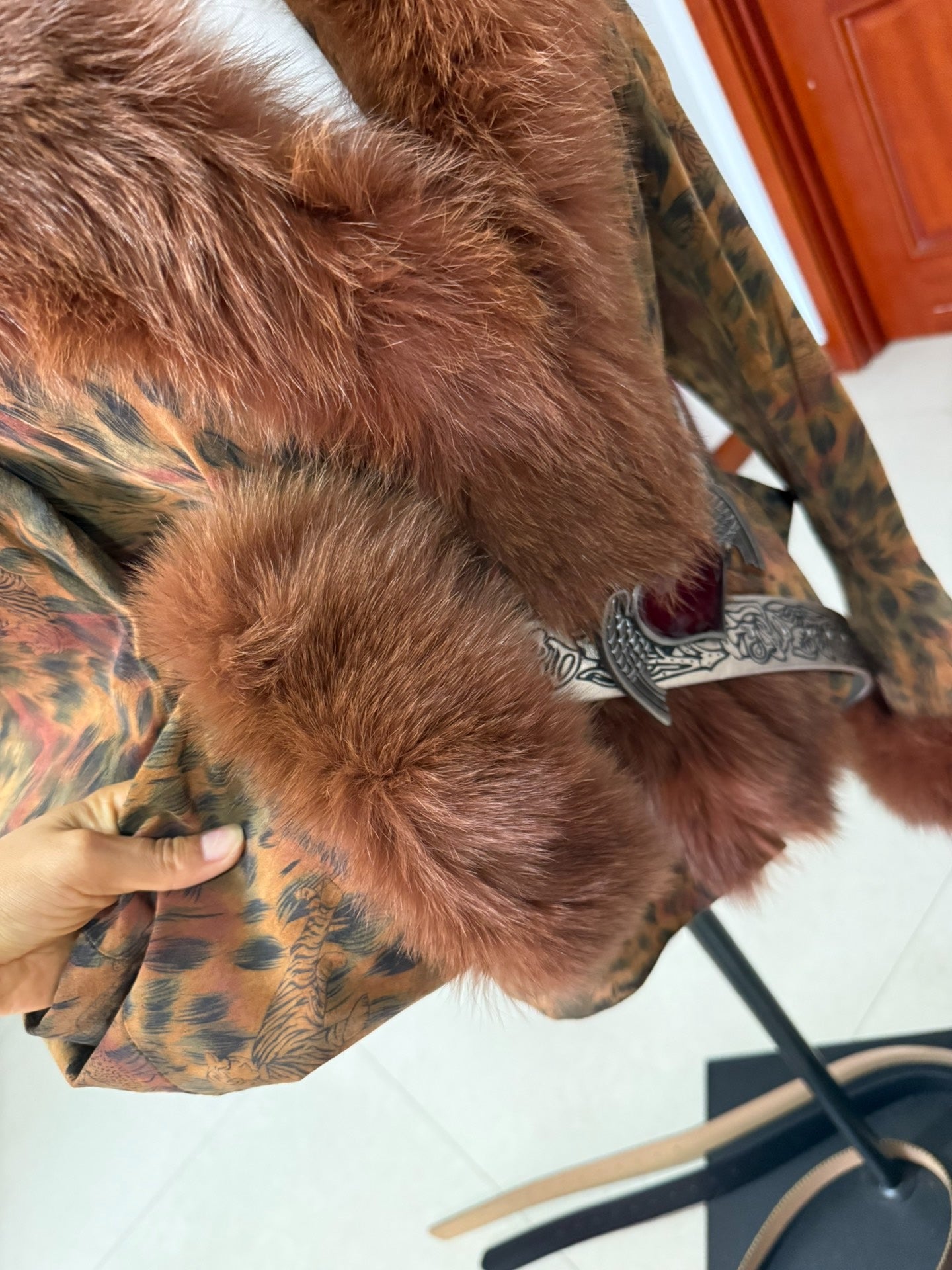 Vintage leopard-print genuine fur-collar coat