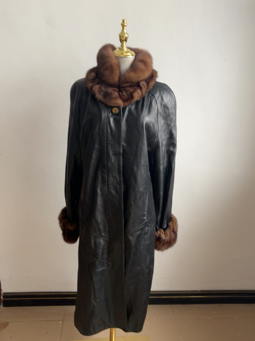 Vintage black genuine leather long coat