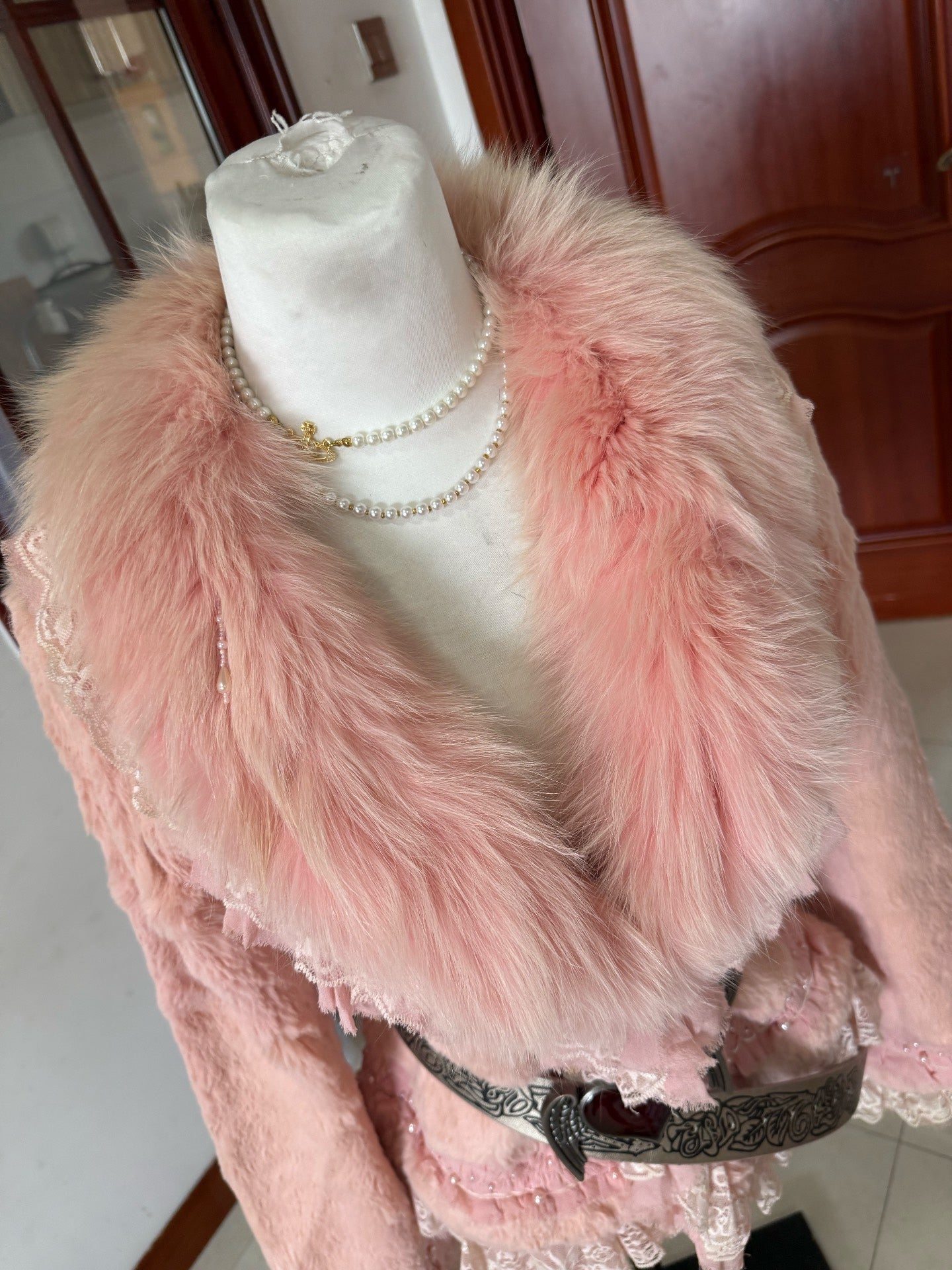 Vintage pink rabbit fur coat with fox fur collar