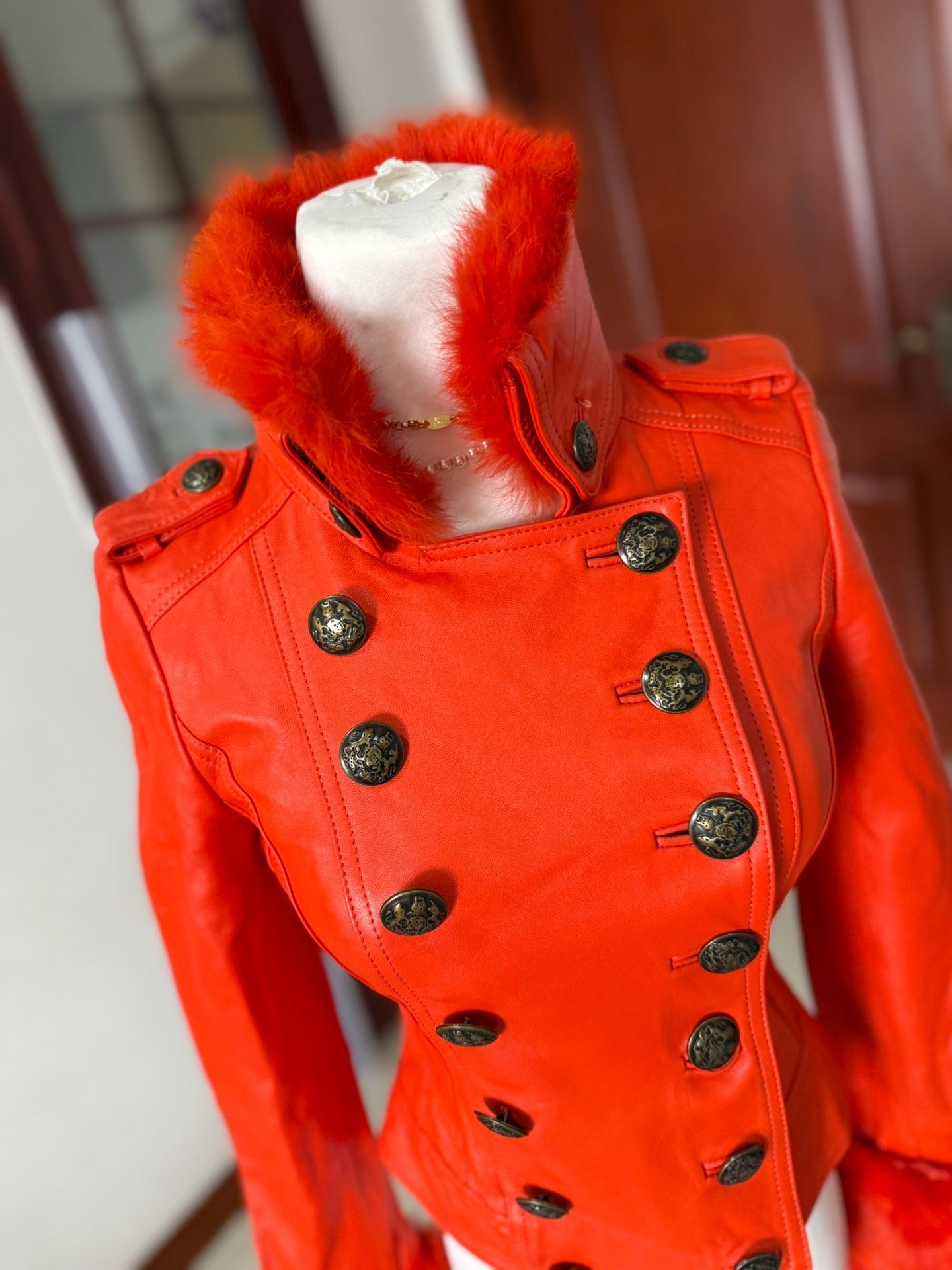 Vintage orange genuine fur and leather jacket