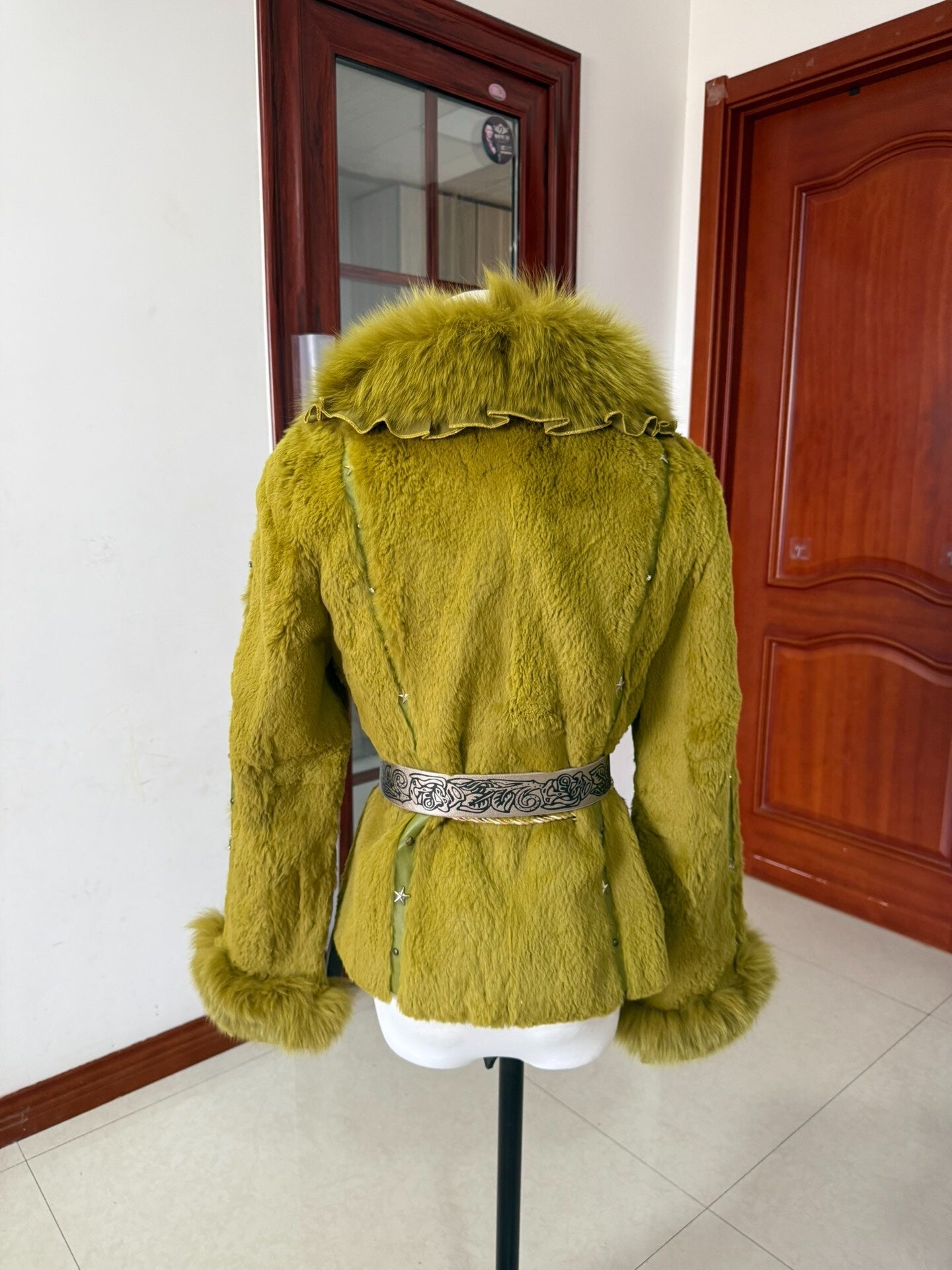 Vintage green genuine rabbit fur coat