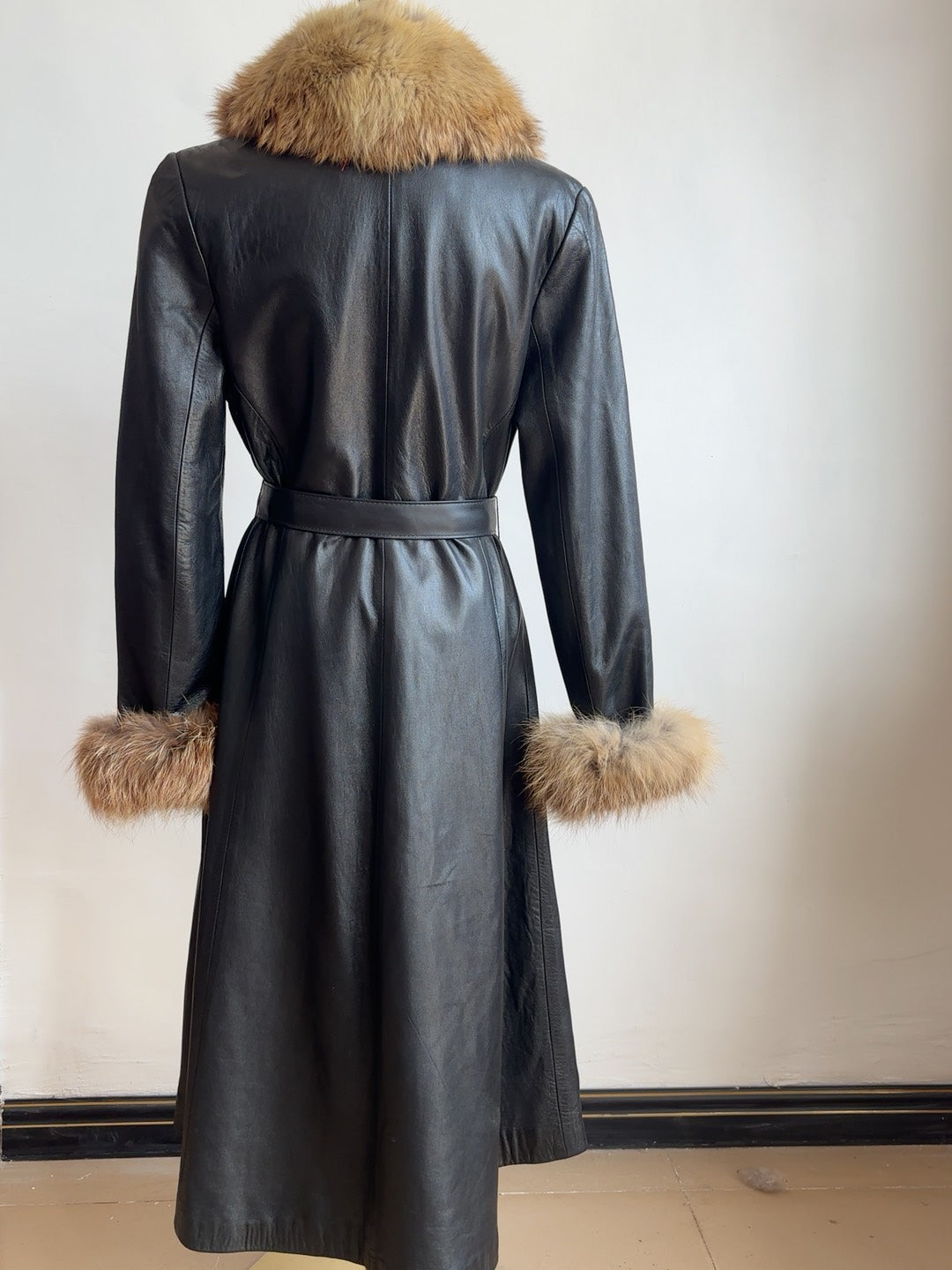 Vintage black genuine leather long coat