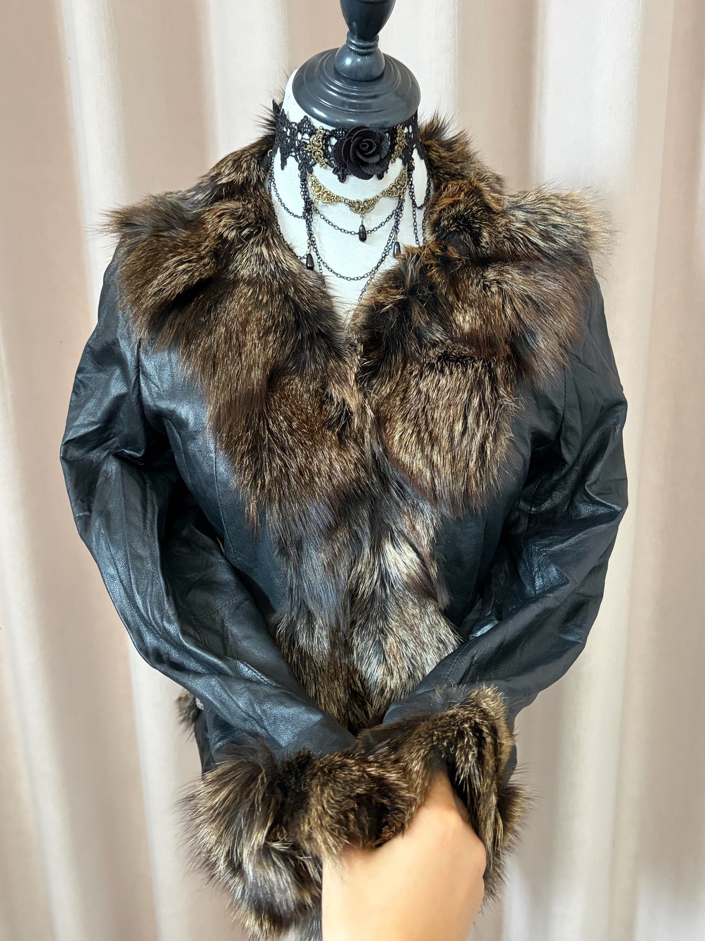 Vintage black genuine leather and real fur coat