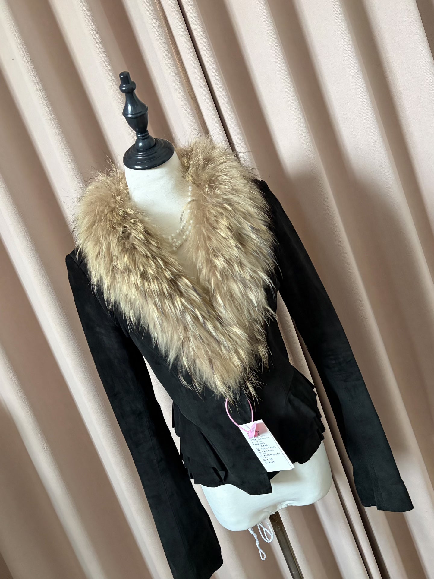 Vintage black genuine leather and fur coat