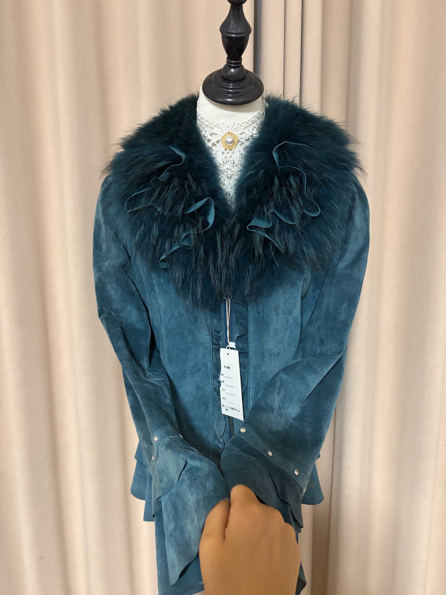 Vintage peacock blue genuine fur and leather coat