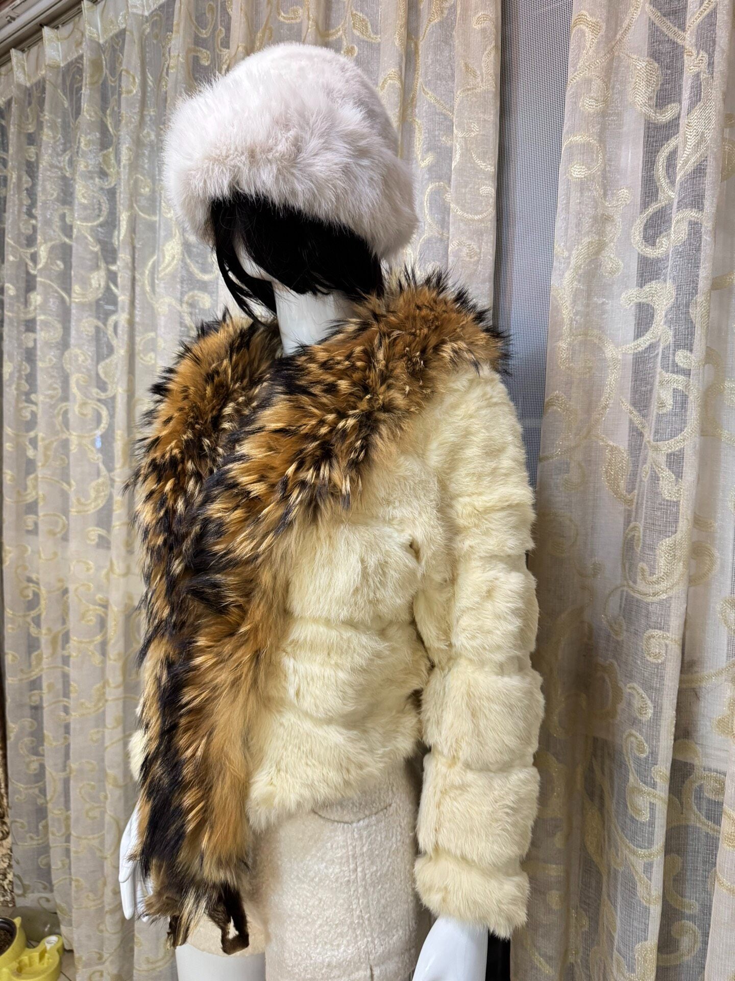 Vintage off-white genuine fur coat