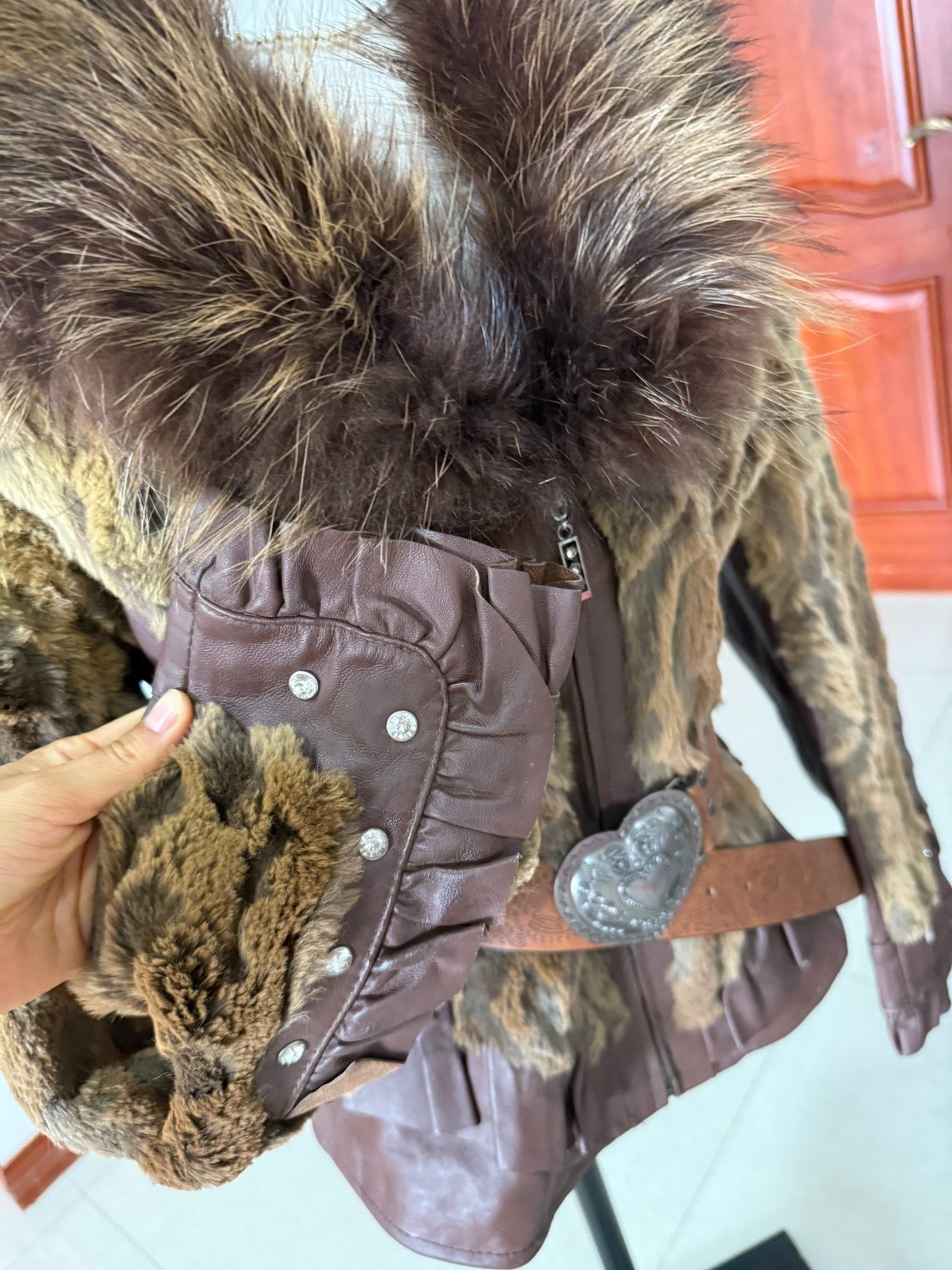 Vintage genuine leather and mink fur short jacket
