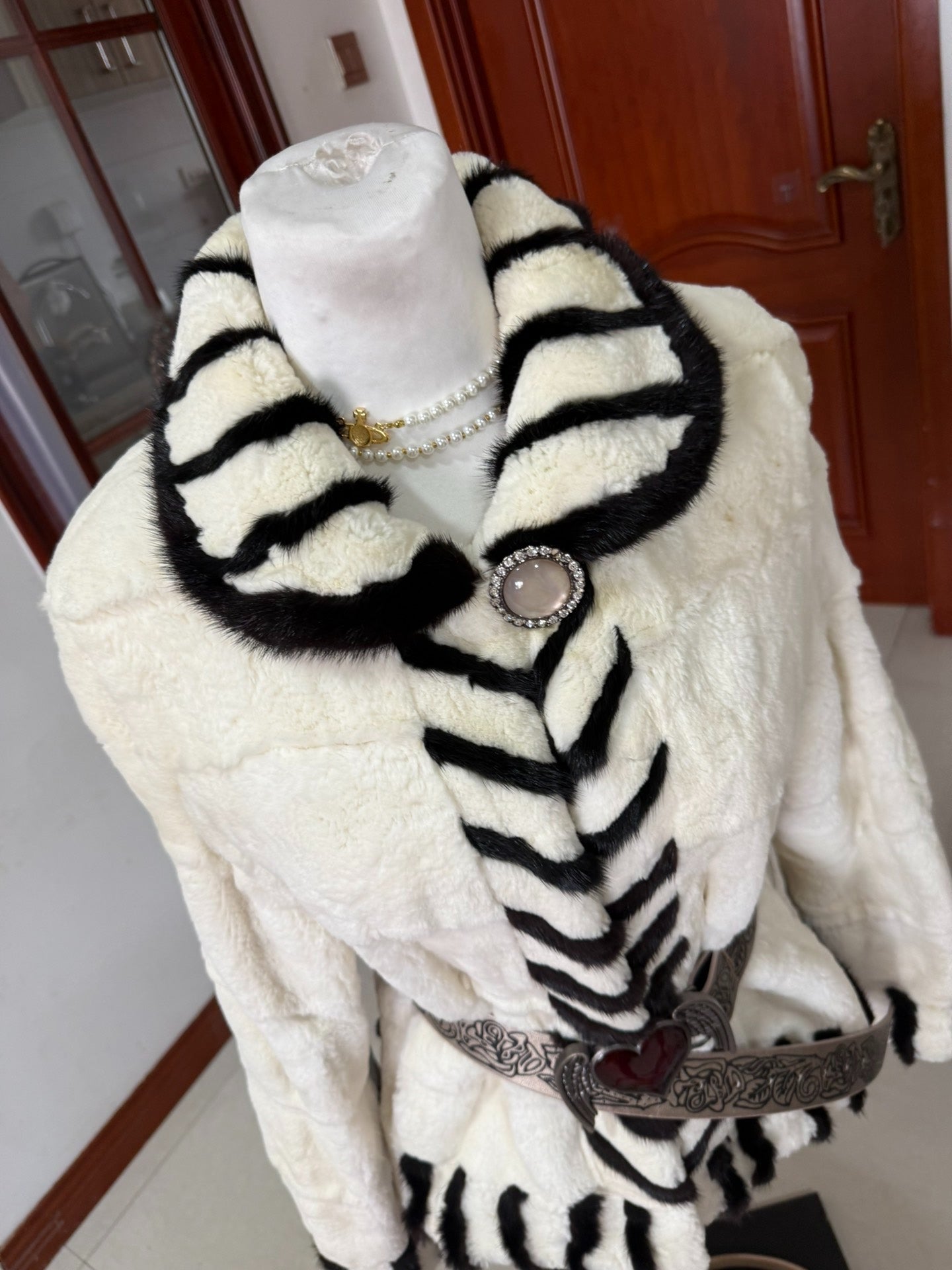 Vintage patchwork genuine fur coat with zebra print