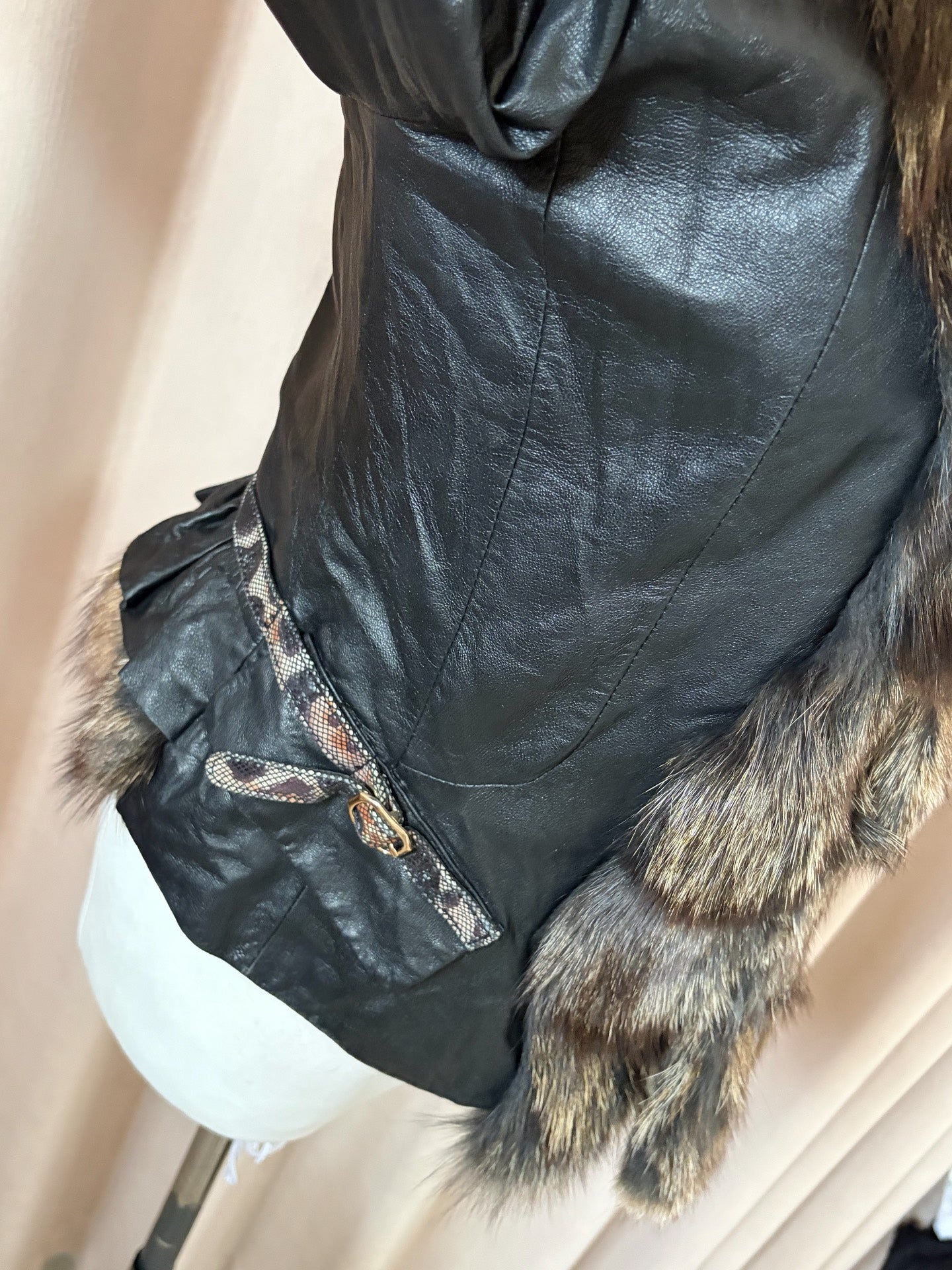 Vintage black genuine leather and real fur coat