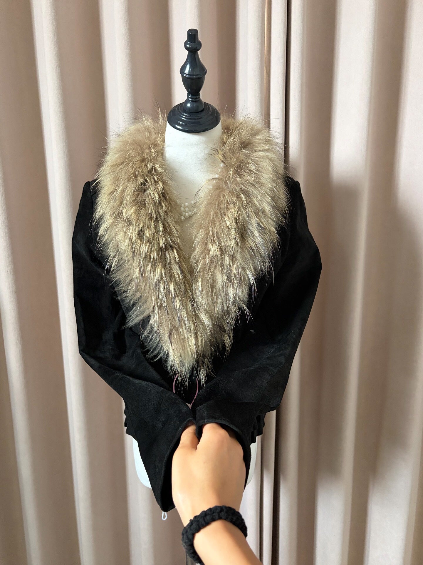 Vintage black genuine leather and fur coat