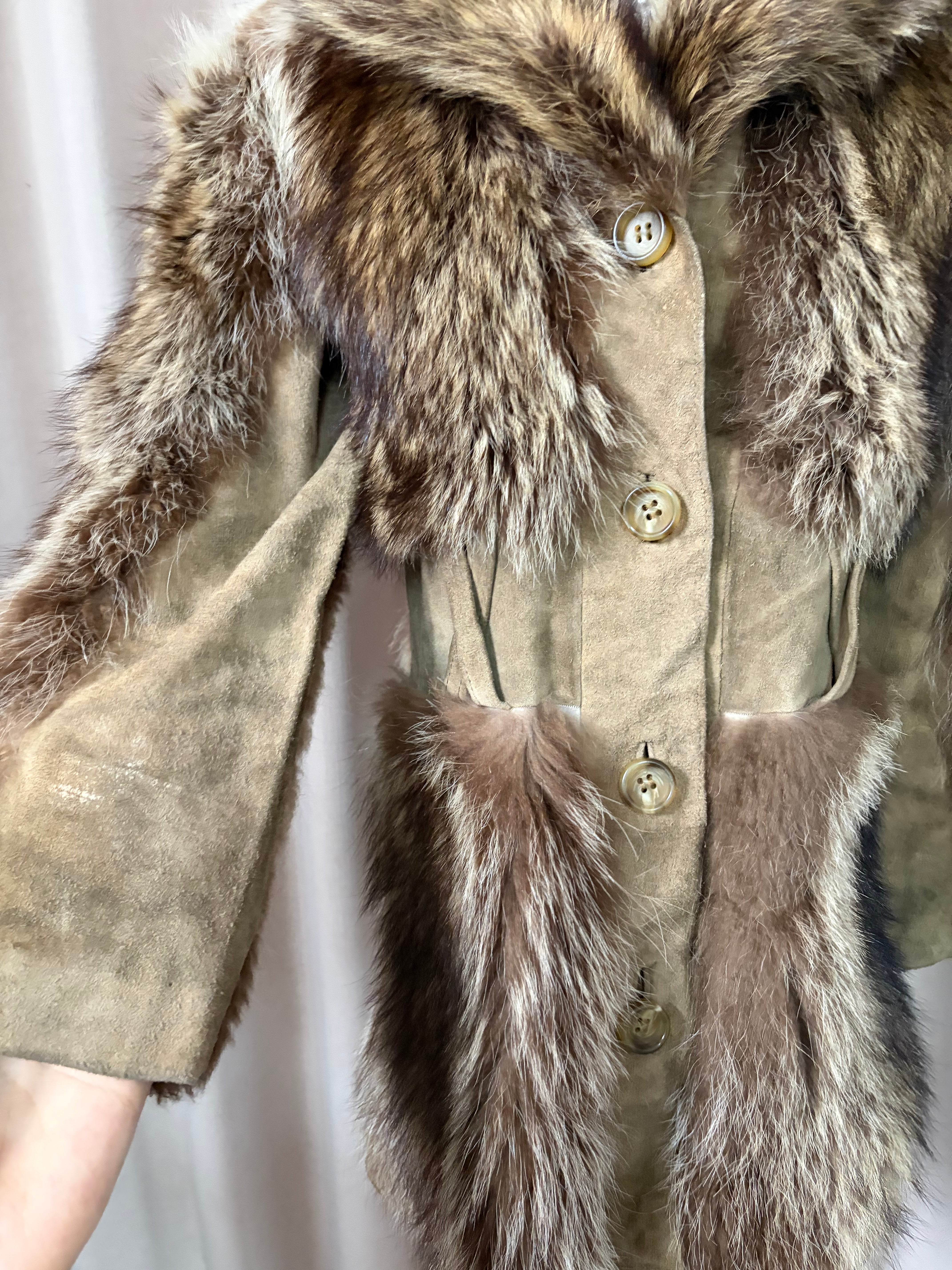 Vintage genuine fur and leather patchwork coat