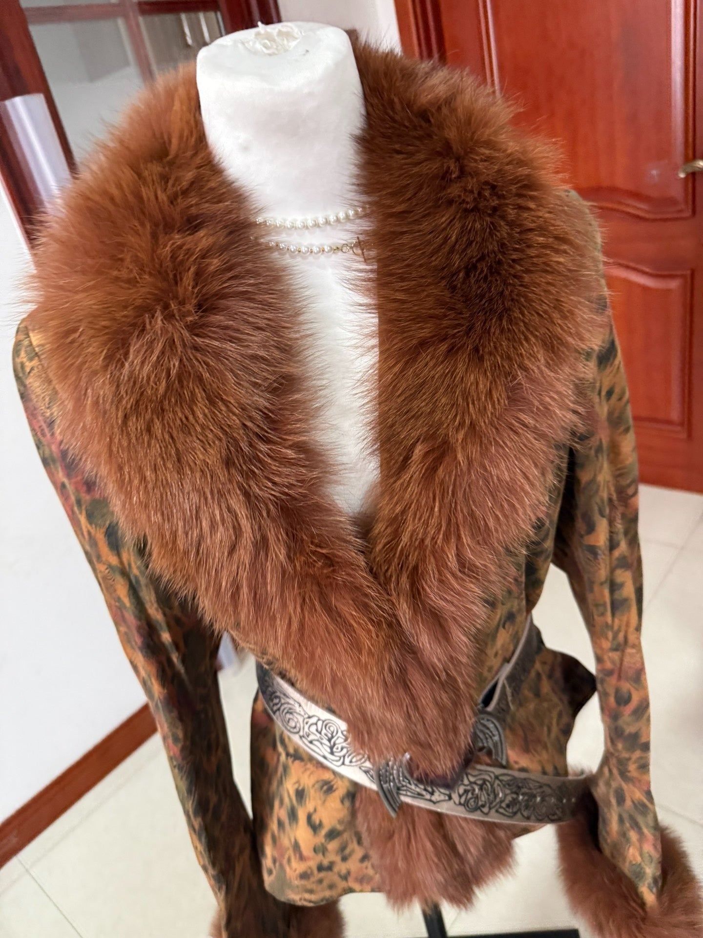 Vintage leopard-print genuine fur-collar coat