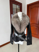 Vintage black leather jacket with fox fur collar