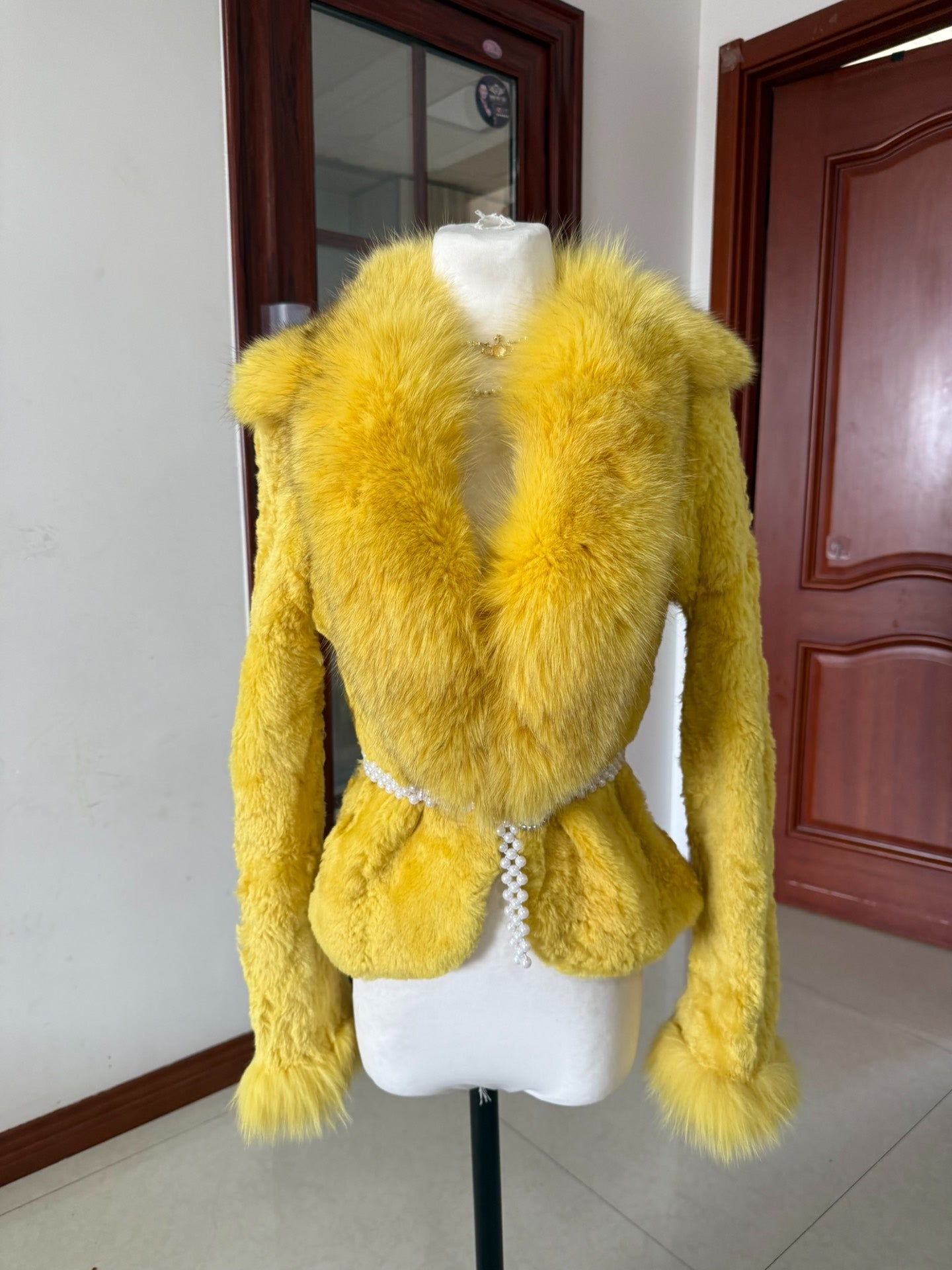 Vintage creamy-yellow genuine fur coat