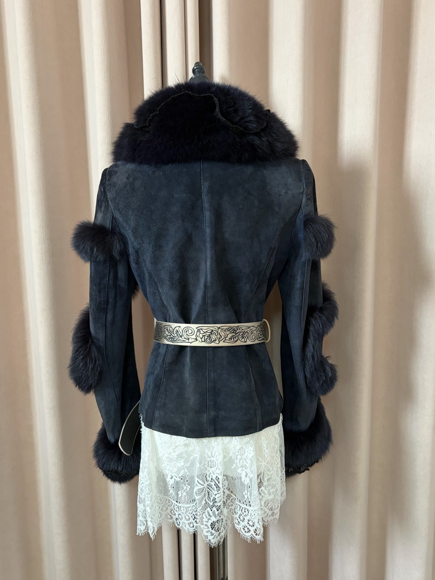 Vintage navy blue short real fur coat