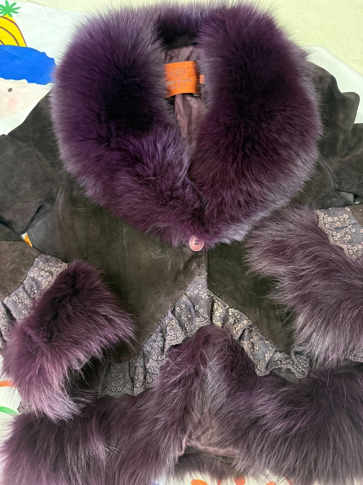 Vintage purple fox fur-collared coat