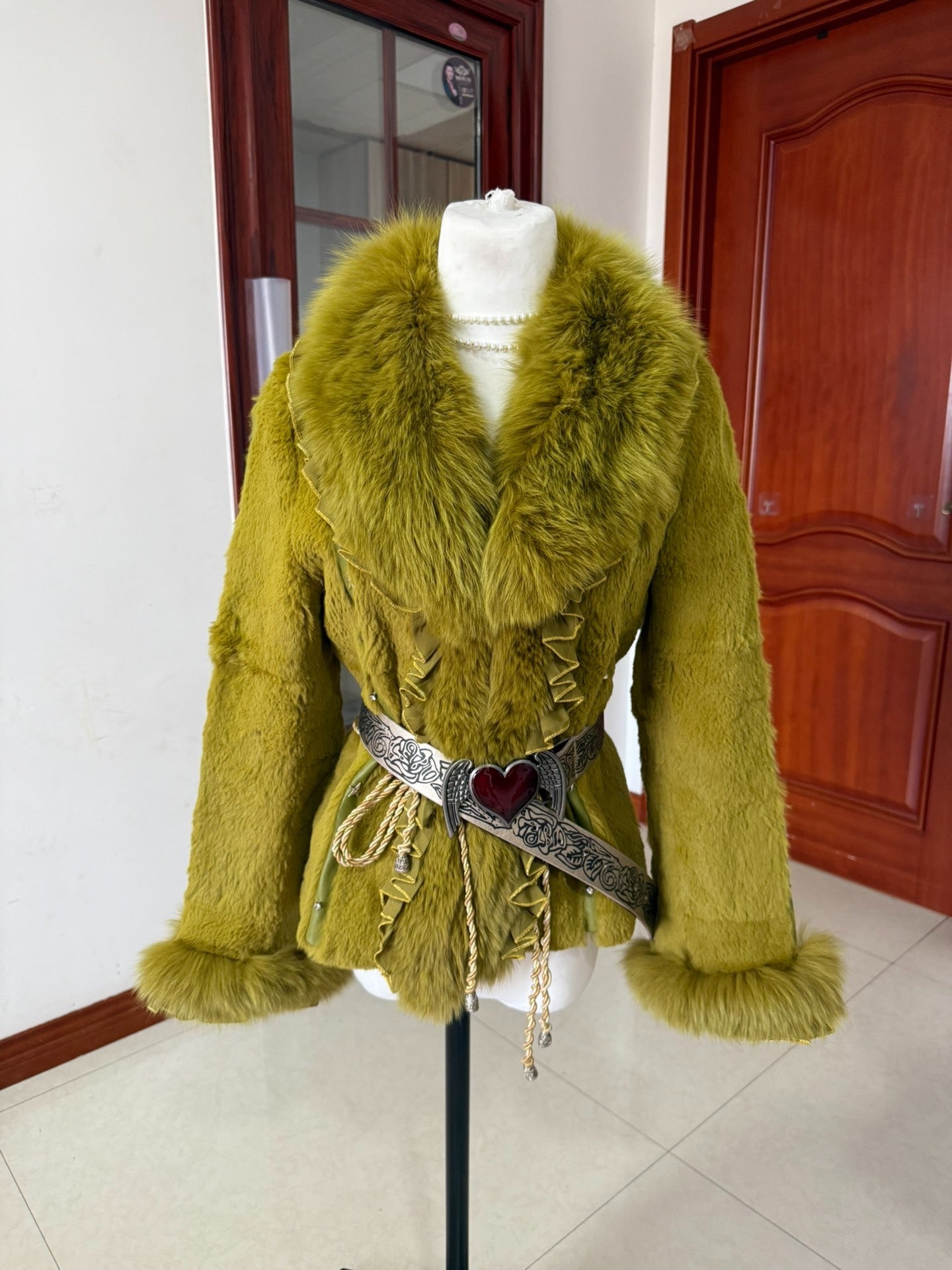 Vintage green genuine rabbit fur coat