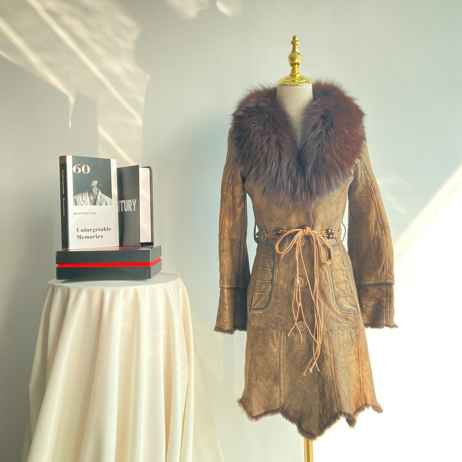 Vintage Distressed Shearling Style Coat with Faux Fur Collar (Women’s S)