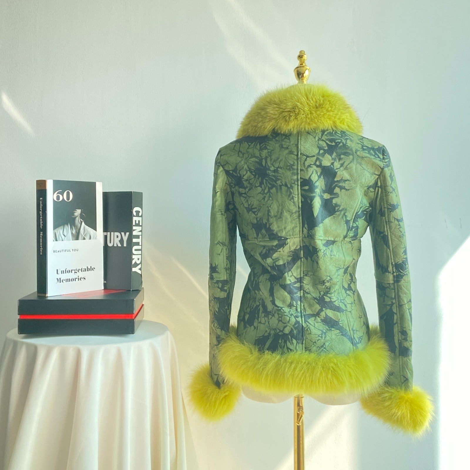Y2K Green Tie-Dye Jacket with Chartreuse Faux Fur Trim (Women’s M)