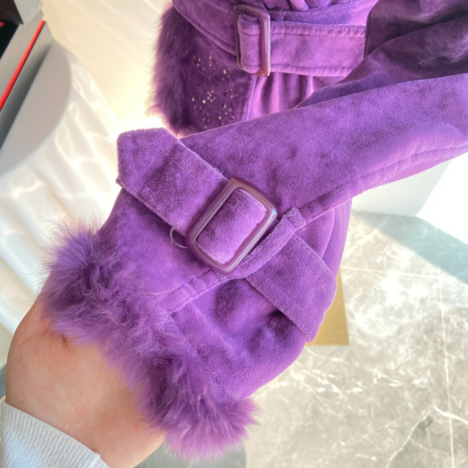 Vintage Purple Suede Jacket with Faux Fur Trim | Embellished Belted (Women’s M)