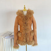 Retro Camel Suede Hooded Coat Faux Fur Lined US M Stained
