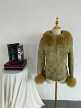 Vintage Y2K Green Distressed Suede Faux Fur Jacket Boho Penny Lane Coat S