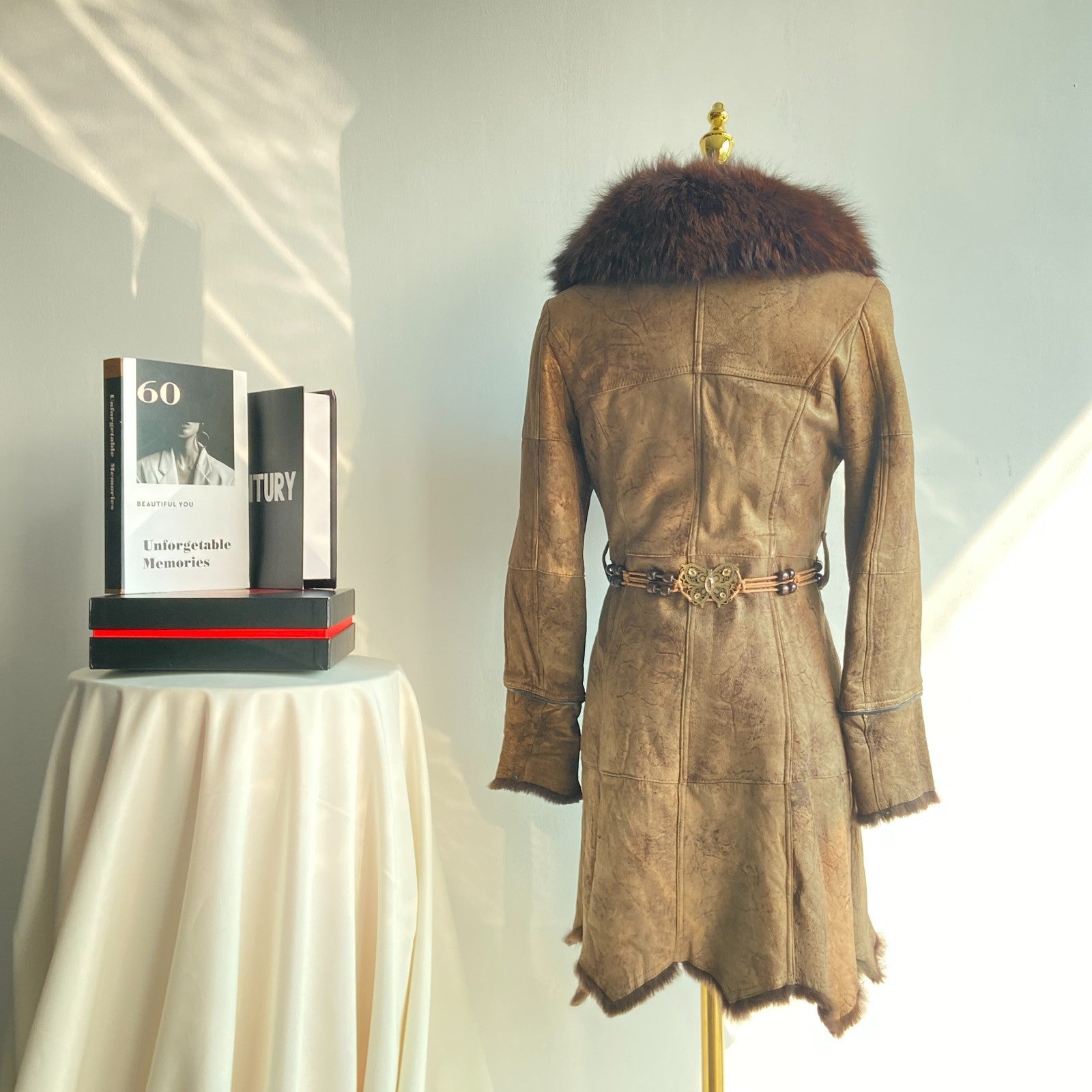Vintage Distressed Shearling Style Coat with Faux Fur Collar (Women’s S)