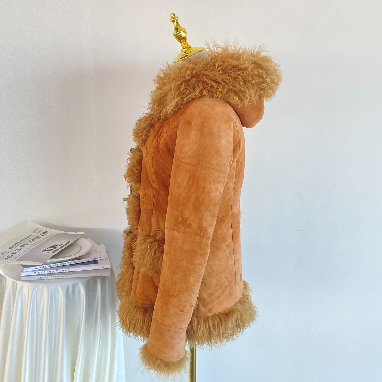 Retro Camel Suede Hooded Coat Faux Fur Lined US M Stained