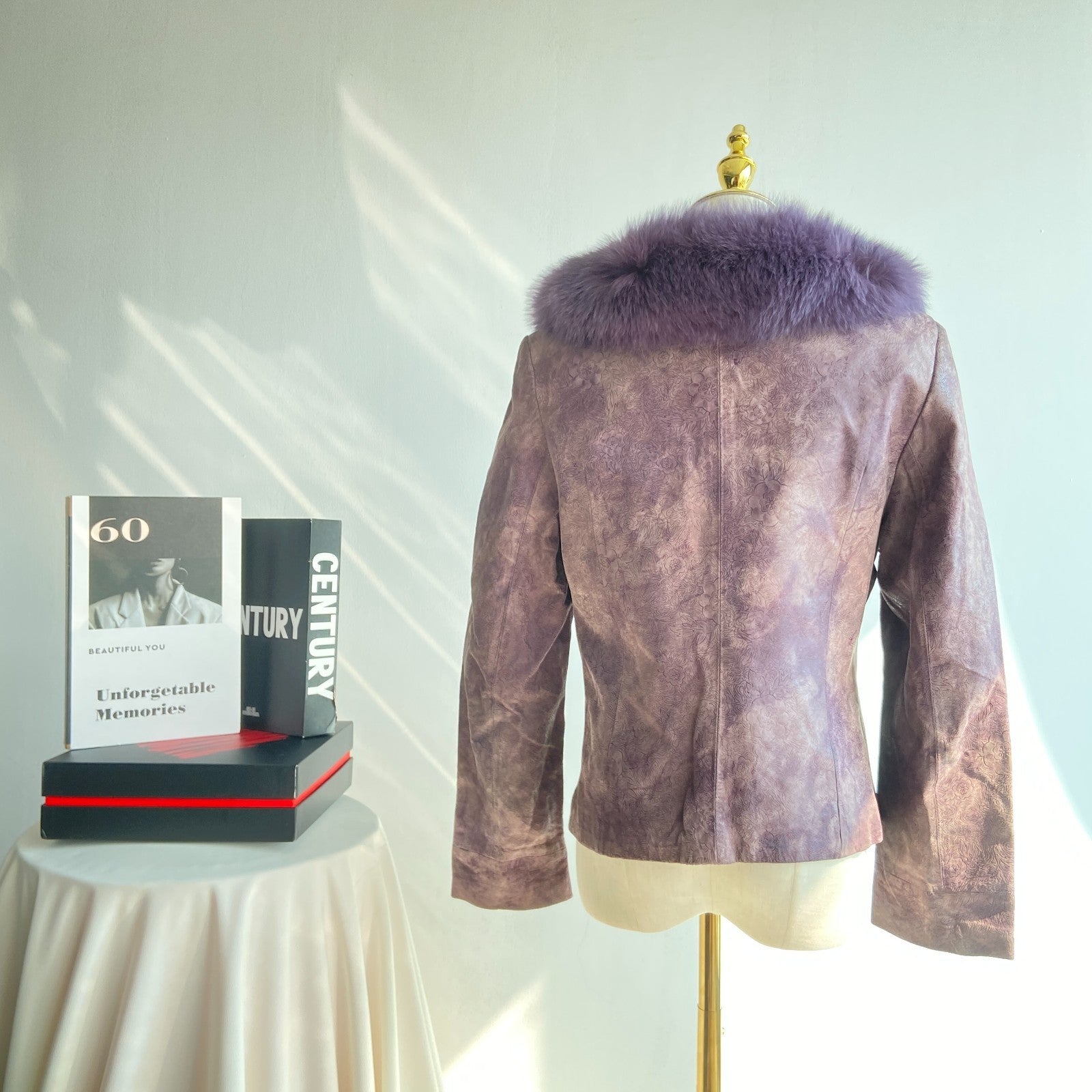 Vintage Lavender Leather & Faux Fur Jacket | Embossed Coat (Women’s S)