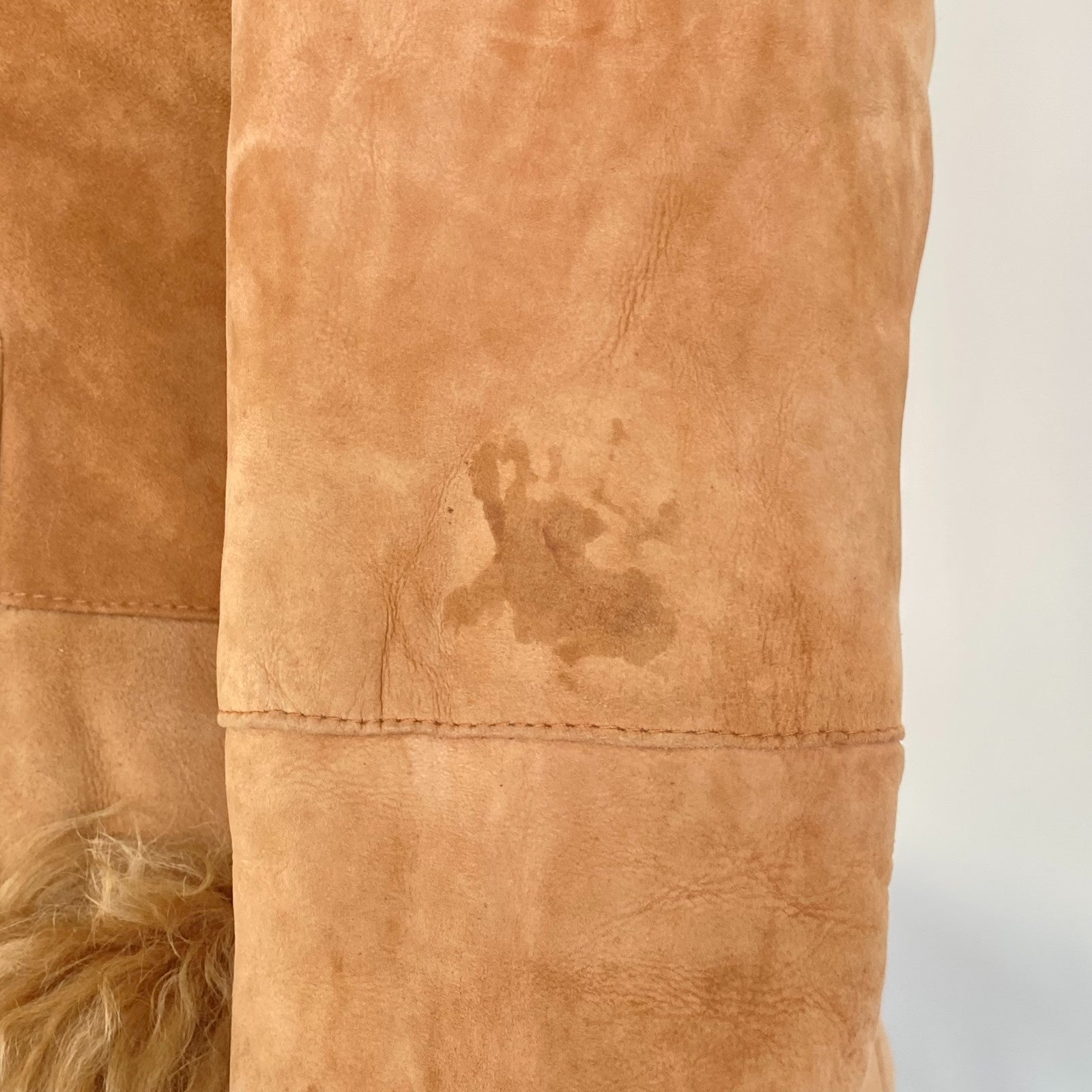 Retro Camel Suede Hooded Coat Faux Fur Lined US M Stained