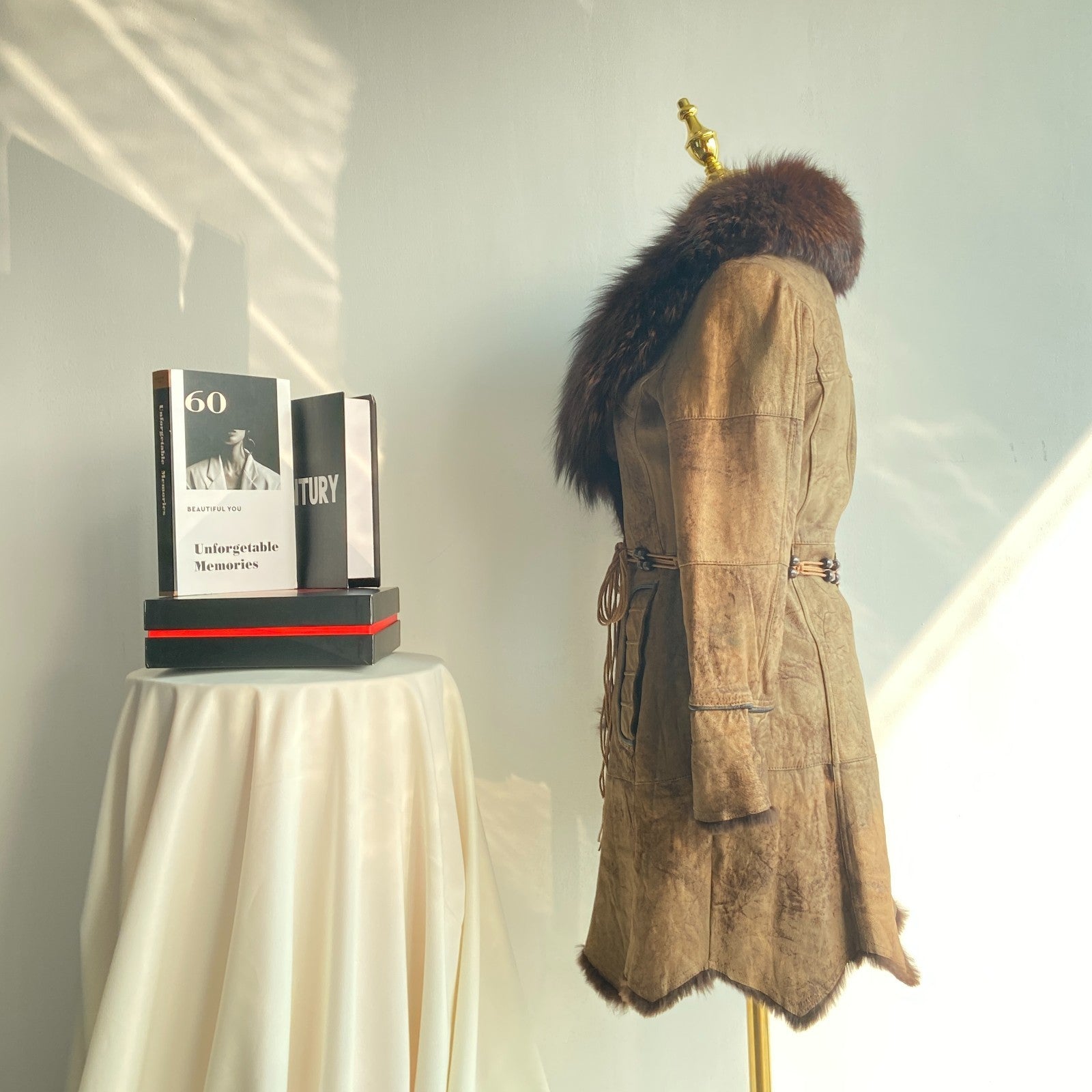 Vintage Distressed Shearling Style Coat with Faux Fur Collar (Women’s S)
