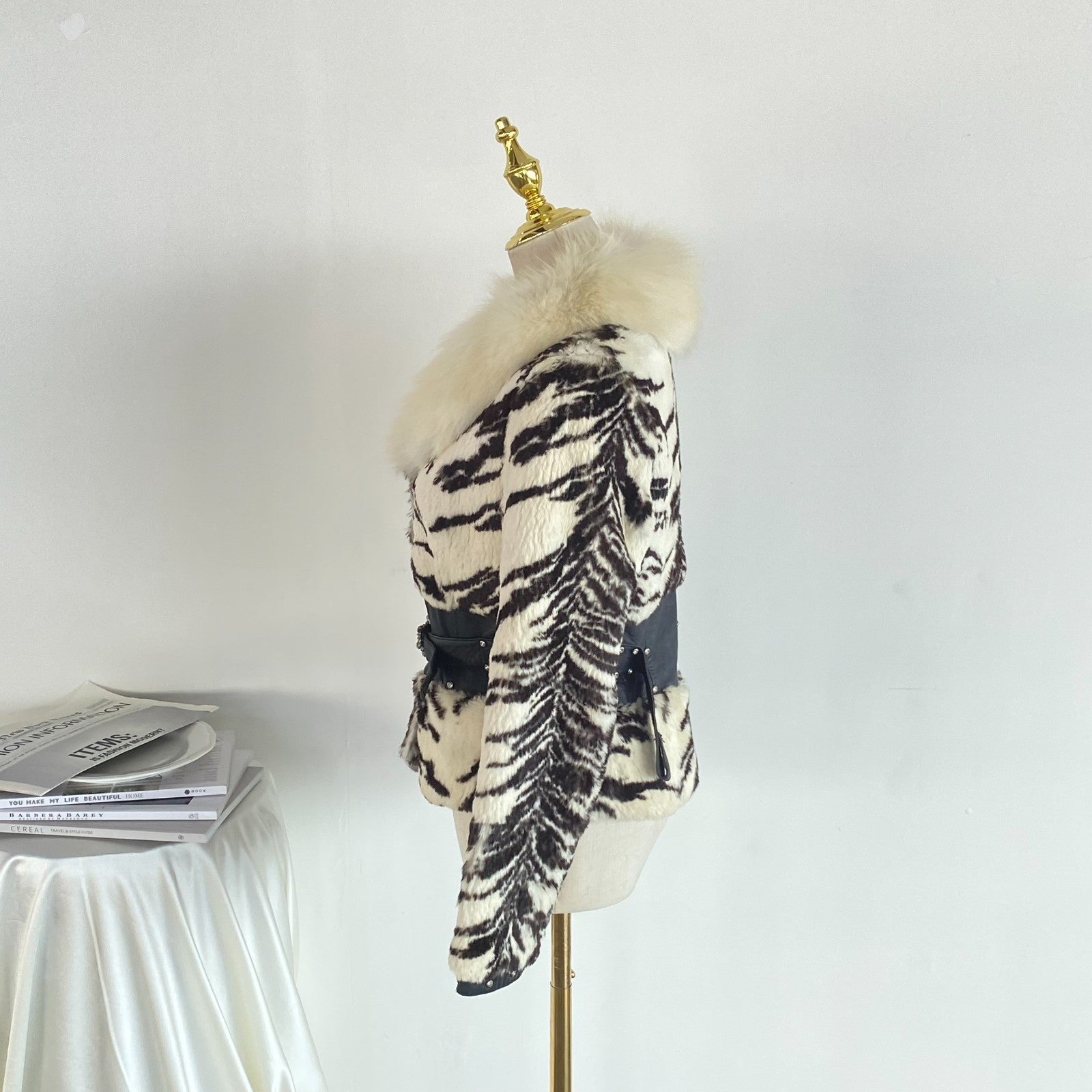 Retro Zebra Print Faux Fur Jacket Faux Fox Fur Collar Belt US S