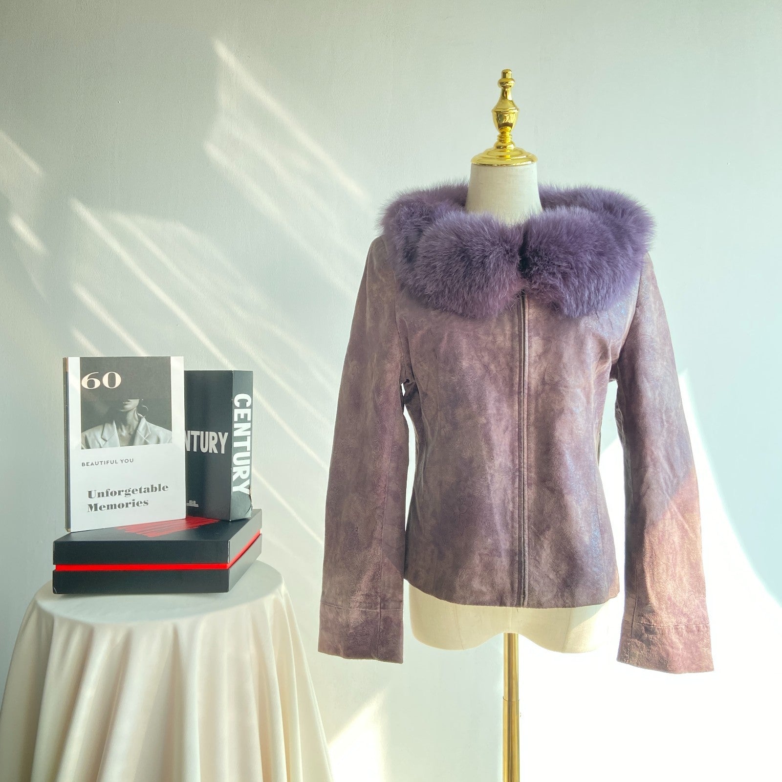 Vintage Lavender Leather & Faux Fur Jacket | Embossed Coat (Women’s S)