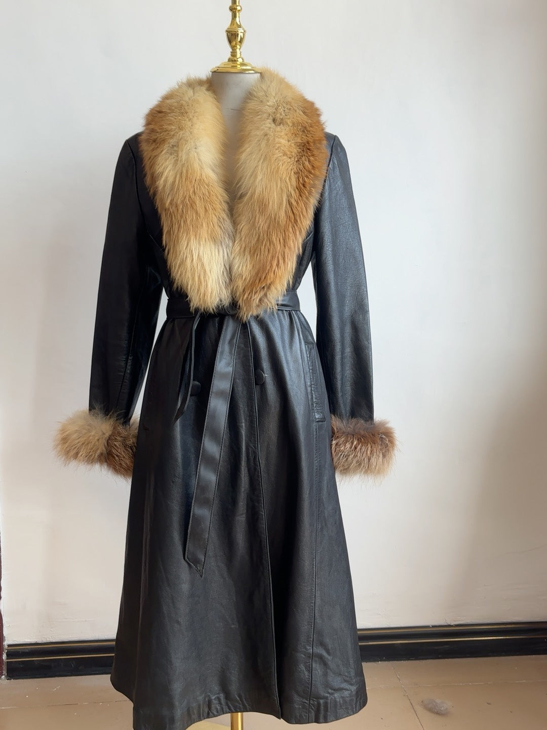 Vintage black genuine leather long coat