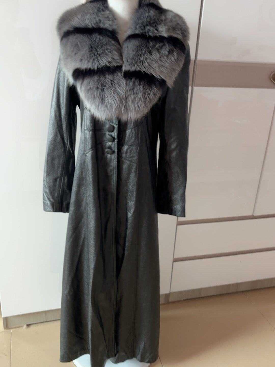 Vintage black cowhide long leather coat