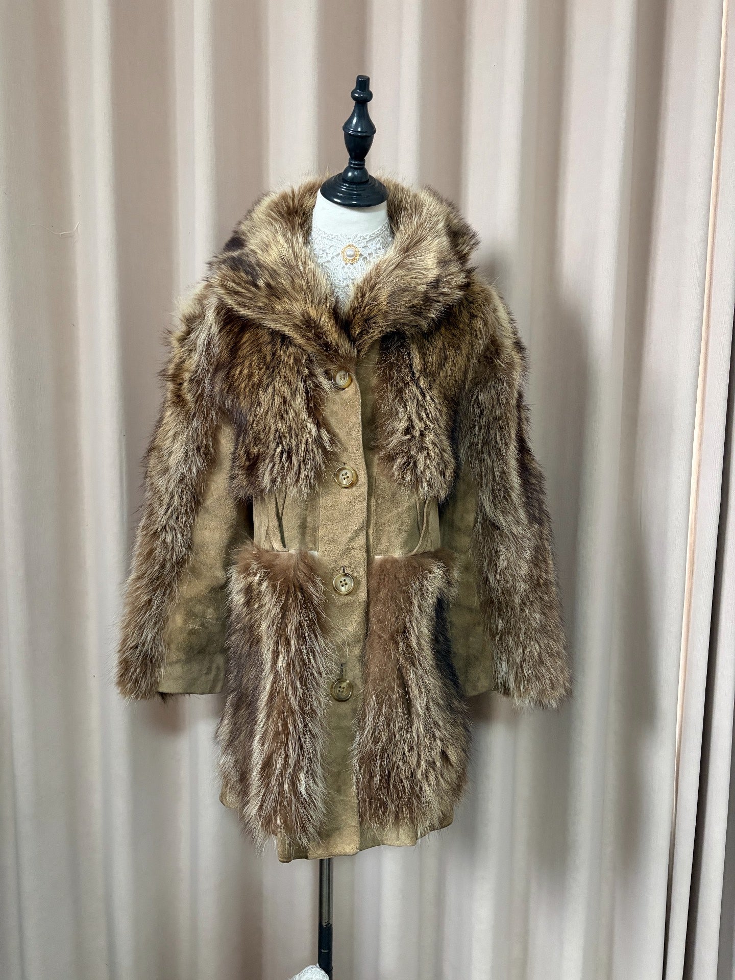 Vintage genuine fur and leather patchwork coat