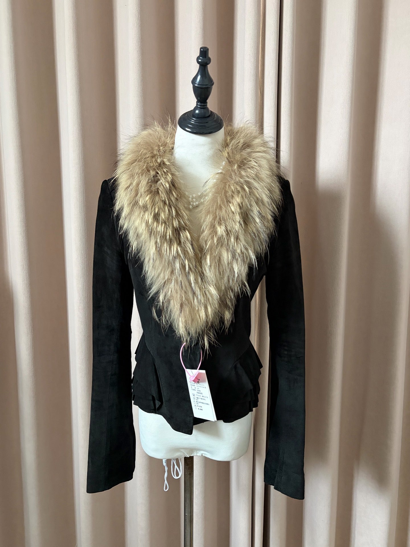 Vintage black genuine leather and fur coat