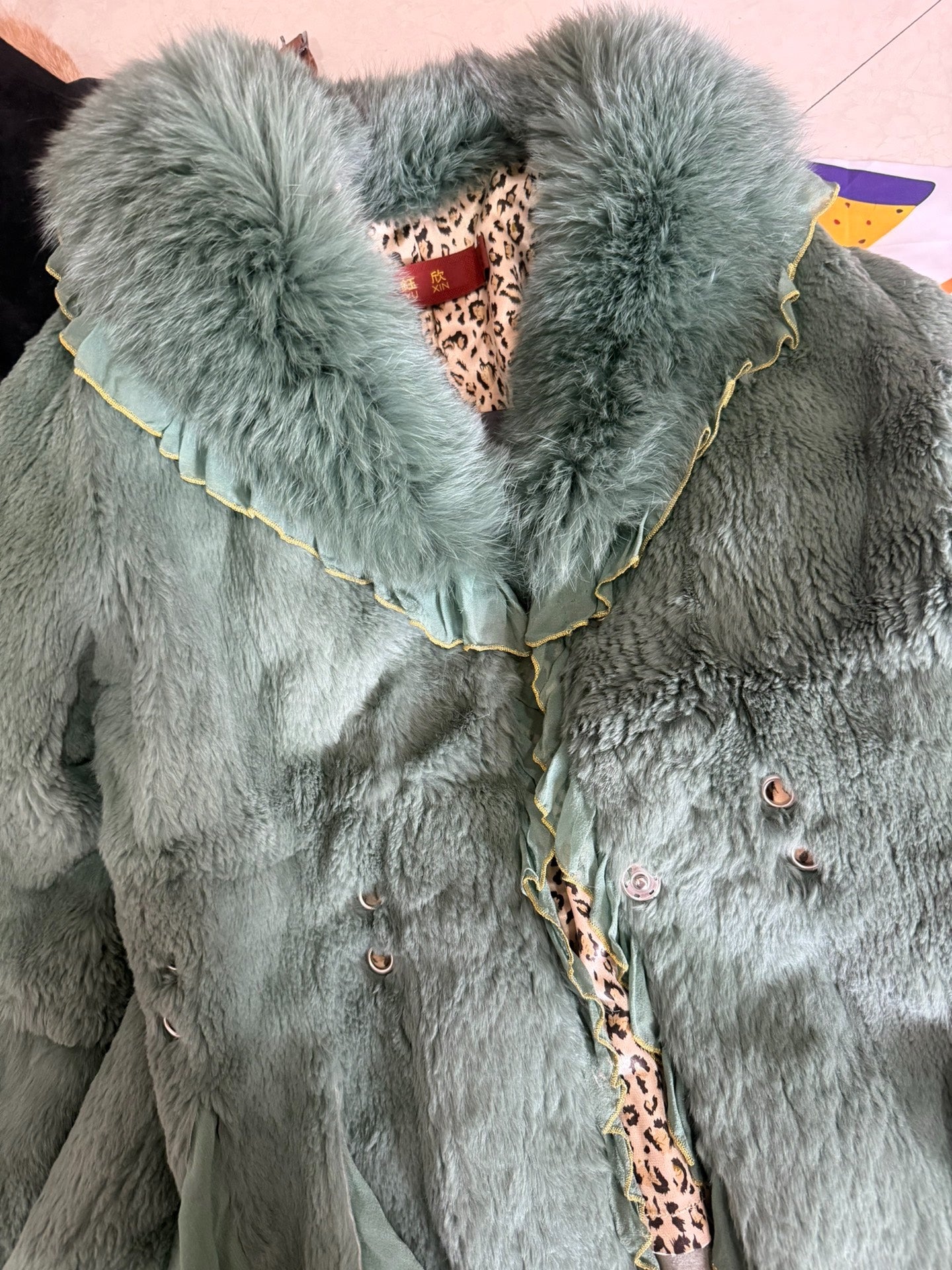 Vintage green fox fur collar coat