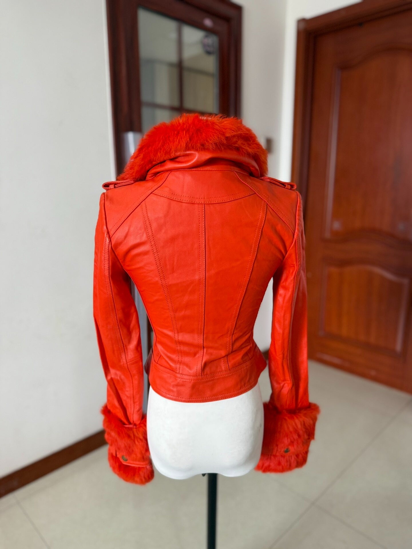 Vintage orange genuine fur and leather jacket