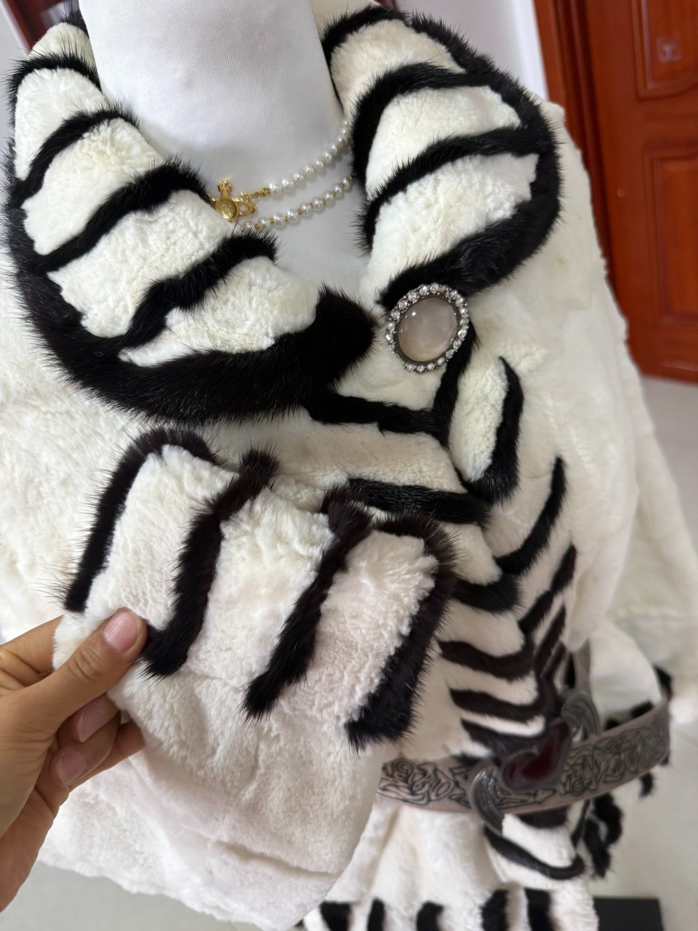 Vintage patchwork genuine fur coat with zebra print