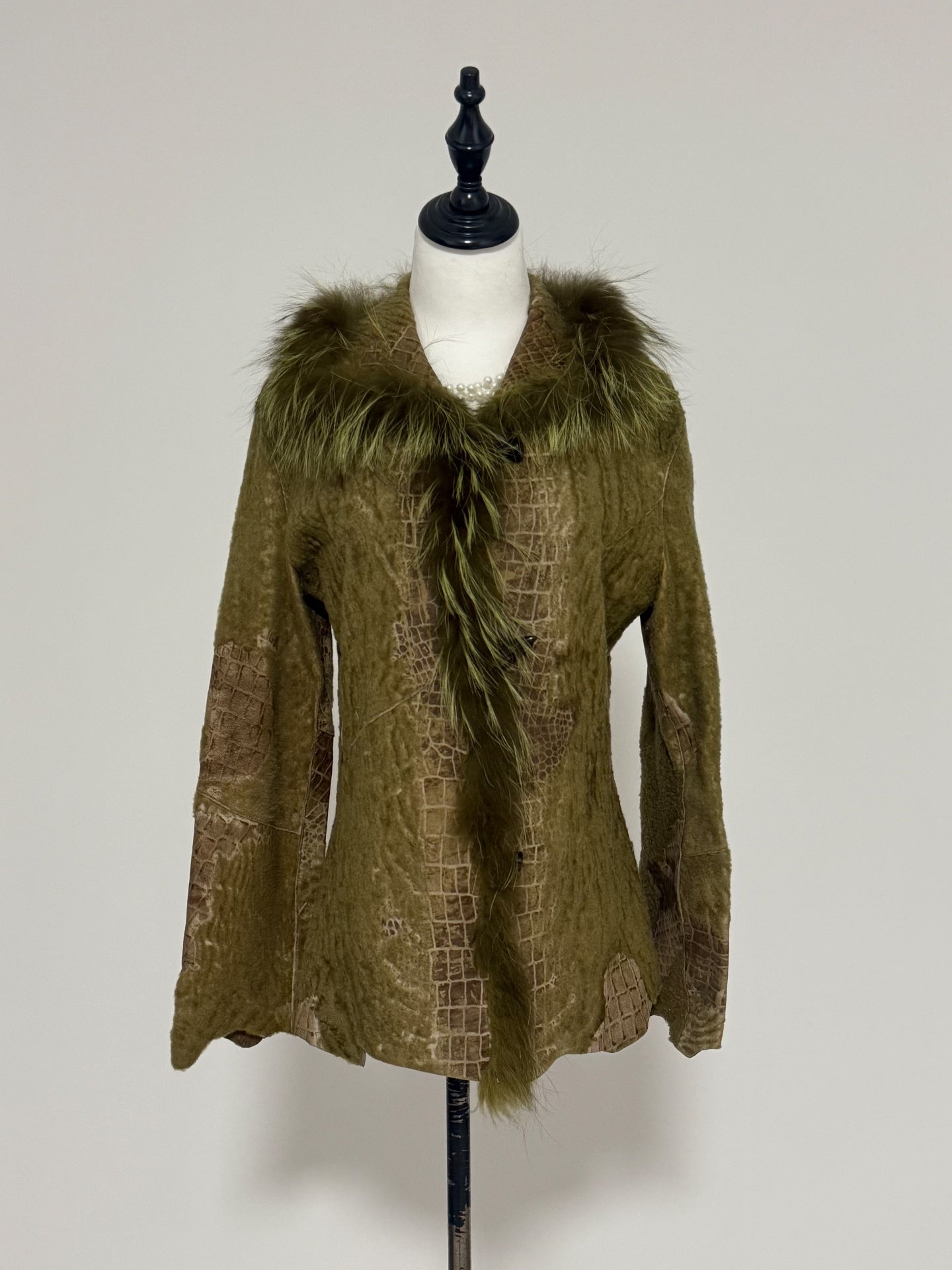 Vintage crocodile-print patchwork real fur coat